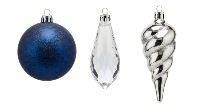 Blue Christmas ornament ball, clear teardrop, and silver spiral decorations isolated on white background, perfect for holiday decor