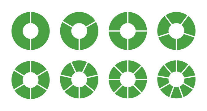 Wheel round divided diagrams with two, three, four, five, six, seven, eight, nine segments. Green circle division on 2, 3, 4, 5, 6, 7, 8, 9 equal parts. Coaching blank. Infographic green set.