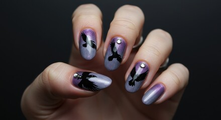 Purple and grey gradient nails with silhouetted flying birds