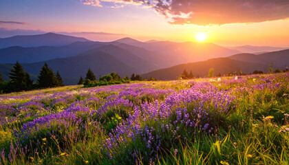 Fototapeta premium Pastel Lavender Flower Meadow in Mountain Landscape