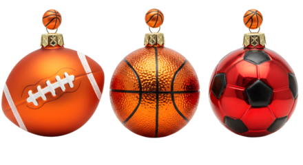 Christmas tree ornaments shaped like a football, basketball, and soccer ball in bright colors, perfect for sports fans holiday decorations