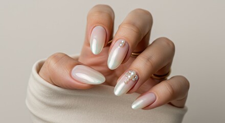 Elegant female hand showing off a trendy iridescent white manicure with nail art