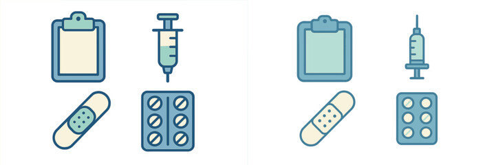 Essential healthcare and medical supplies with a clipboard, syringe, adhesive bandage, and blister pack of pills