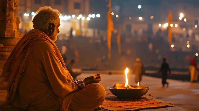 Spiritual ambiance during dawn at Manikarnika Ghat, Varanasi 