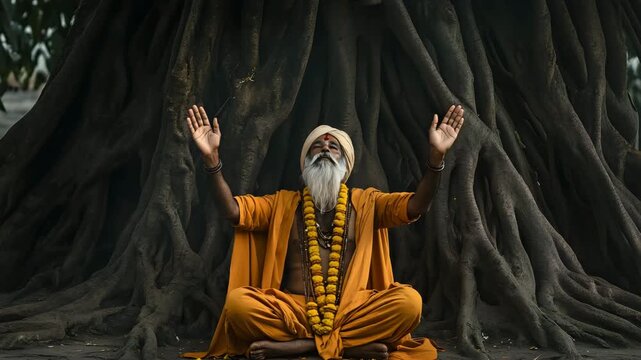 A spiritual guru giving blessings under a banyan tree in Varanasi 