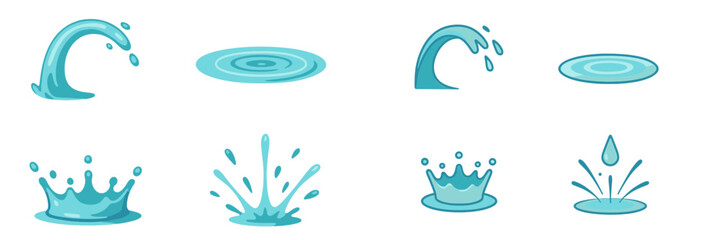 Stylized water splashes, gentle ripples, and falling drops in various shapes and forms, isolated on white background