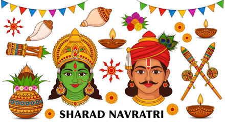 Naklejka premium Sharad Navratri festival celebration in a vibrant 2D flat vector illustration, featuring traditional Indian symbols and festive decorations, isolated on a white