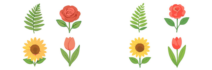 Collection of colorful spring and summer flowers with green leaves including rose, sunflower, and tulip blossoms