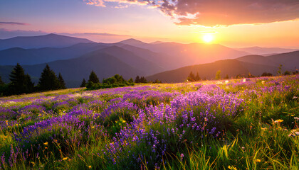 Dreamy Mountain Meadow with Lavender Flowers at Sunset