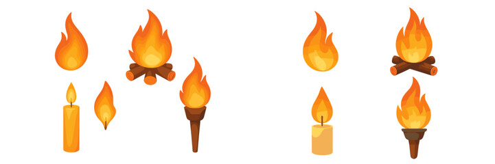 Dynamic collection of burning flames, cozy campfires, lit candles, and ancient torches, representing various fire elements