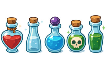 Assortment of magical potion bottles with colorful liquids and mystical symbols for fantasy game design