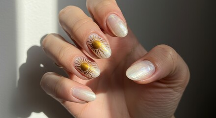 Beautiful Hand with Pearly White Nails and Delicate Daisy Flower Nail Art