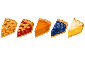 Delicious assortment of various fruit and cream pie slices including apple, cherry, pumpkin, blueberry, and lemon meringue