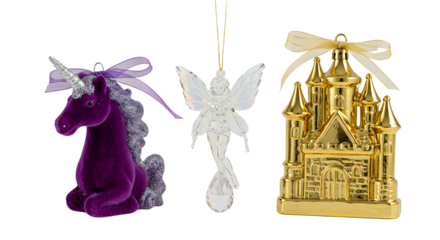 Christmas tree ornaments featuring a plush purple unicorn, a delicate white fairy, and a golden castle decoration, ideal for holiday decorating