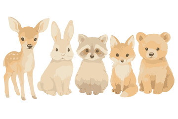 Charming collection of cute baby forest animals including a fawn, rabbit, raccoon, fox, and bear sitting together on a white background