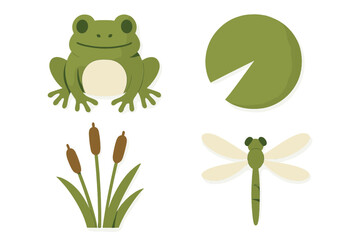 Vibrant collection of pond life elements including a green frog, flying dragonfly, round lily pad, and tall cattails