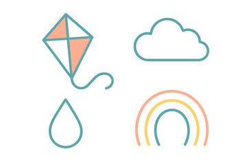 Minimalist pastel colored kite cloud raindrop rainbow weather elements collection for spring season design projects