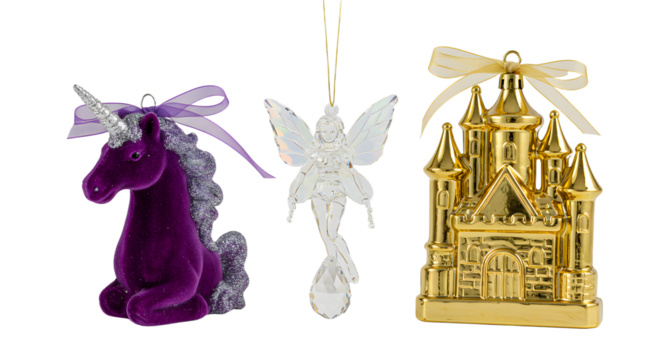 Christmas tree ornaments featuring a plush purple unicorn, a delicate white fairy, and a golden castle decoration, ideal for holiday decorating