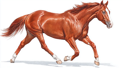 Obraz premium A brown horse is running on a white background. The horse is the main focus of the image, and it is in motion. The horse's legs are spread out, and it seems to be galloping or running at a fast pace
