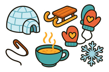 Collection of cozy winter items and symbols including an igloo, wooden sled, warm mittens, steaming hot beverage, and snowflake