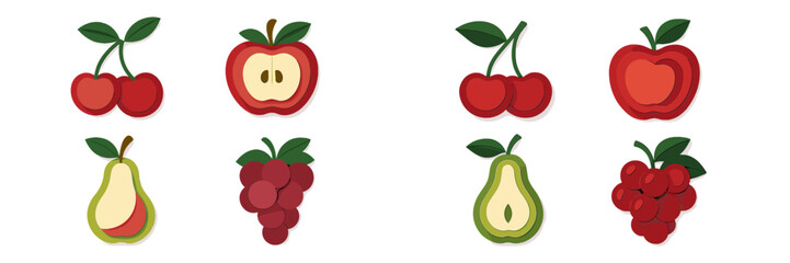 Assortment of fresh layered paper cut style fruits including whole and sliced apples cherries pears and grapes on white background