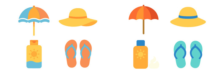 Collection of colorful summer beach vacation accessories including umbrellas hats sunscreen and flip flops