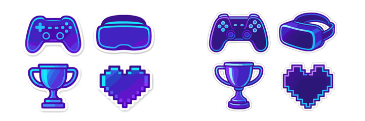 Vibrant collection of modern gaming controllers, virtual reality headsets, trophies, and pixel hearts for digital design projects © icon_art