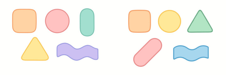 Assortment of soft pastel colored rounded geometric and abstract organic shapes on a clean white background