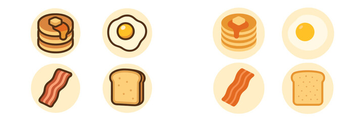 Classic breakfast food icons set with pancakes, fried egg, crispy bacon, and golden toast for morning meals