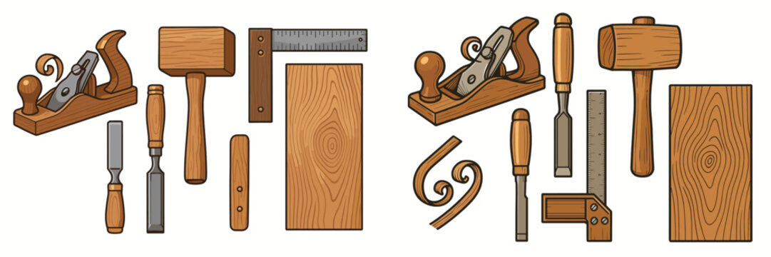 Collection of essential woodworking tools and equipment including planes, chisels, mallets, and wood pieces for carpentry and craft