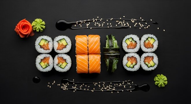 Elegant flat lay of a Japanese sushi set with salmon maki and uramaki rolls, garnished with wasabi and soy sauce on a black background