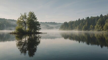 Fototapeta premium Serene misty lake reflecting lush forest at sunrise creating a tranquil, breathtaking landscape