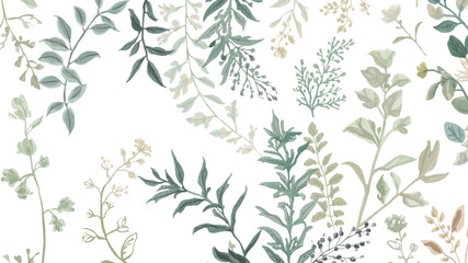 Elegant Botanical Seamless Pattern Delicate Greenery and Soft Florals on Transparent Background