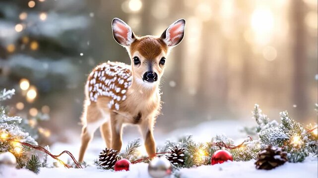 Adorable Fawn Amidst Winter Wonderland Christmas Setting with Twinkling Lights and Snowflakes