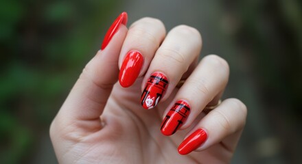 Red Plaid Nail Art Trendy Design on Long Almond-Shaped Nails