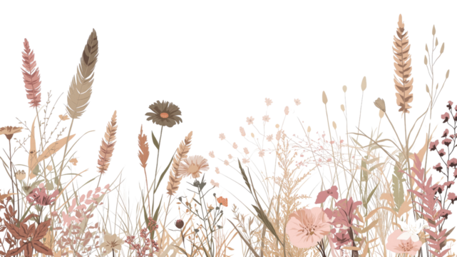 Elegant Botanical Meadow Border Dried Flowers and Grasses in Soft Neutral Tones - Powered by Adobe