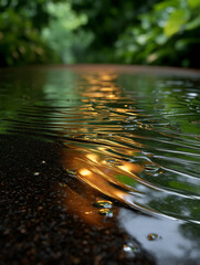 Peaceful river stream with golden sunlight reflections on rippling water surface, lush green forest foliage along shoreline, serene nature landscape with warm light shimmering on flowing creek