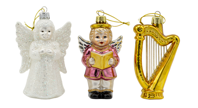 Christmas ornaments angel figurines and golden harp decoration for holiday tree, perfect for festive seasonal displays