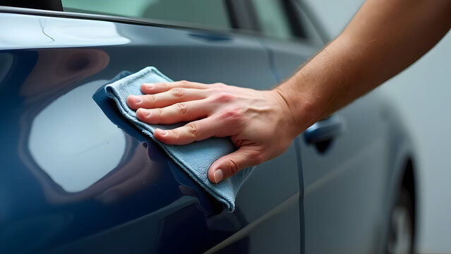 A man hand detailing side mirror with microfiber, car detailing concept