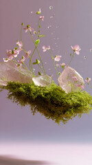 Delicate white flowers growing from green moss island floating on purple background, minimal botanical nature composition with tiny blooms and organic vegetation, artistic spring wildflowers sprouting