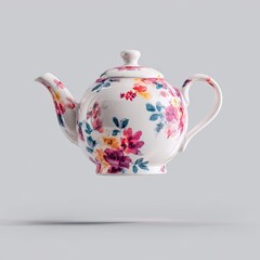 Floral tea pot, round, white, floral print