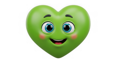3d rendering of a happy green heart character with eyes and mouth, isolated on transparent background