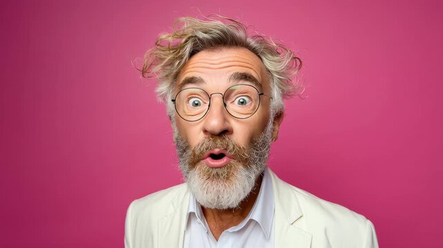 Man with a beard and glasses is looking surprised. He is wearing a white jacket and a white shirt