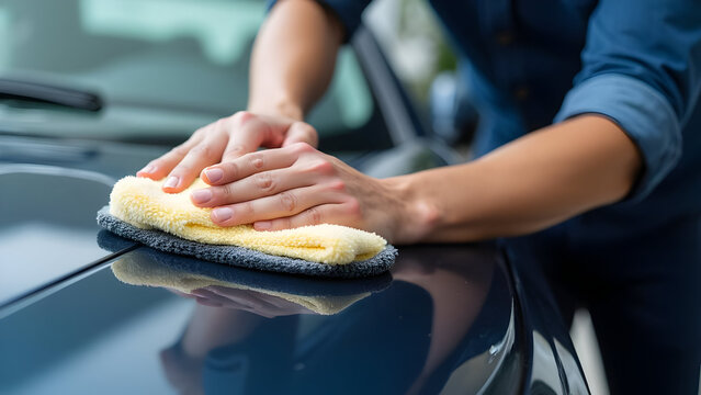 A man hand rubbing car fender softly with microfiber cloth, car detailing concept