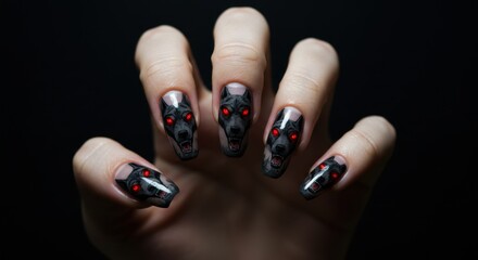 Woman's hand displaying a fierce werewolf nail art design with glowing red eyes against a dark backdrop