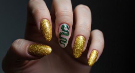 Glittering Golden Nail Art with Emerald Green Snake Design