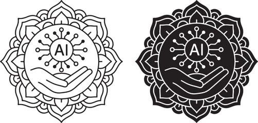 Hand Holding Artificial Intelligence Symbol with Mandala Pattern Representing AI, Technology, and Innovation