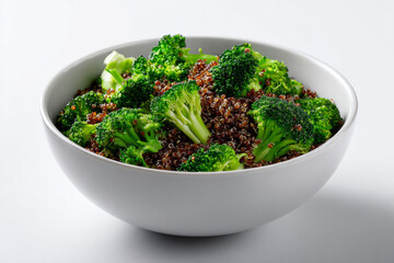 Fototapeta premium Roasted broccoli florets with garlic in white bowl on clean background, healthy green vegetable side dish with caramelized edges, delicious cooked organic broccoli seasoned with herbs