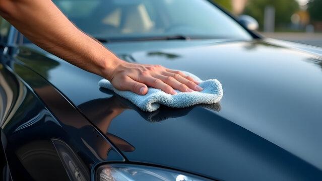 A man hand buffing car body with soft microfiber, car detailing concept