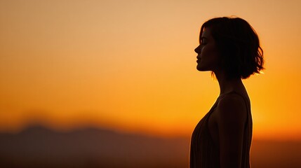 Fototapeta premium Sunset Silhouette: A woman stands peacefully against a warm, vibrant sunset, embodying serenity and contemplation in nature's embrace.